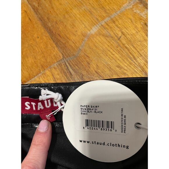 STAUD Paper Faux Leather Mini Skirt Women's 0 Black Front Pockets Snap Closure - Picture 11 of 13